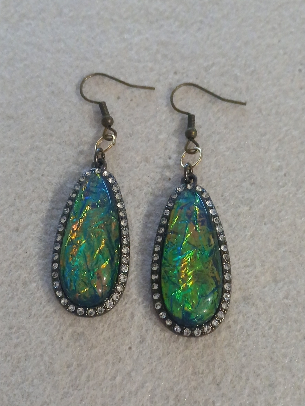 228- Iridescent Abelone Teardrop Dangle Earrings with Crystal Halo